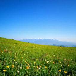 A serene landscape featuring a lush green meadow with colorful wildflowers, a clear blue sky, and a distant mountain range