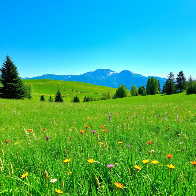 A serene landscape featuring a lush green meadow with colorful wildflowers, a clear blue sky, and a distant mountain range