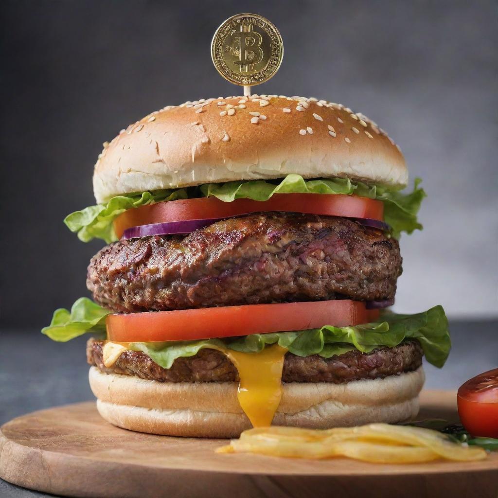 A delectable burger, stacked with fresh ingredients, signified with a golden dollar coin on top, representing its value.