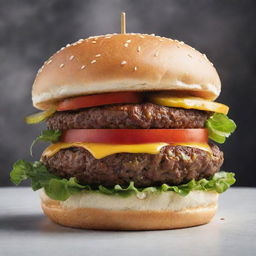 A delectable burger, stacked with fresh ingredients, signified with a golden dollar coin on top, representing its value.