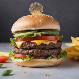 A delectable burger, stacked with fresh ingredients, signified with a golden dollar coin on top, representing its value.