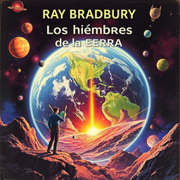 An artistic book cover for 'Los hombres de la Tierra' by Ray Bradbury