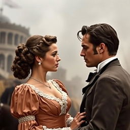 A dramatic scene featuring Rhett Butler and Scarlett O'Hara from Gone with the Wind, set during the American Civil War