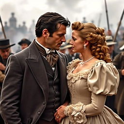 A dramatic scene featuring Rhett Butler and Scarlett O'Hara from Gone with the Wind, set during the American Civil War