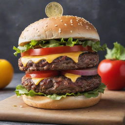 A delectable burger, stacked with fresh ingredients, signified with a golden dollar coin on top, representing its value.