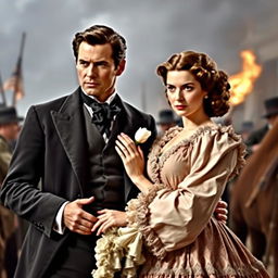 A dramatic scene featuring Rhett Butler and Scarlett O'Hara from Gone with the Wind, set during the American Civil War