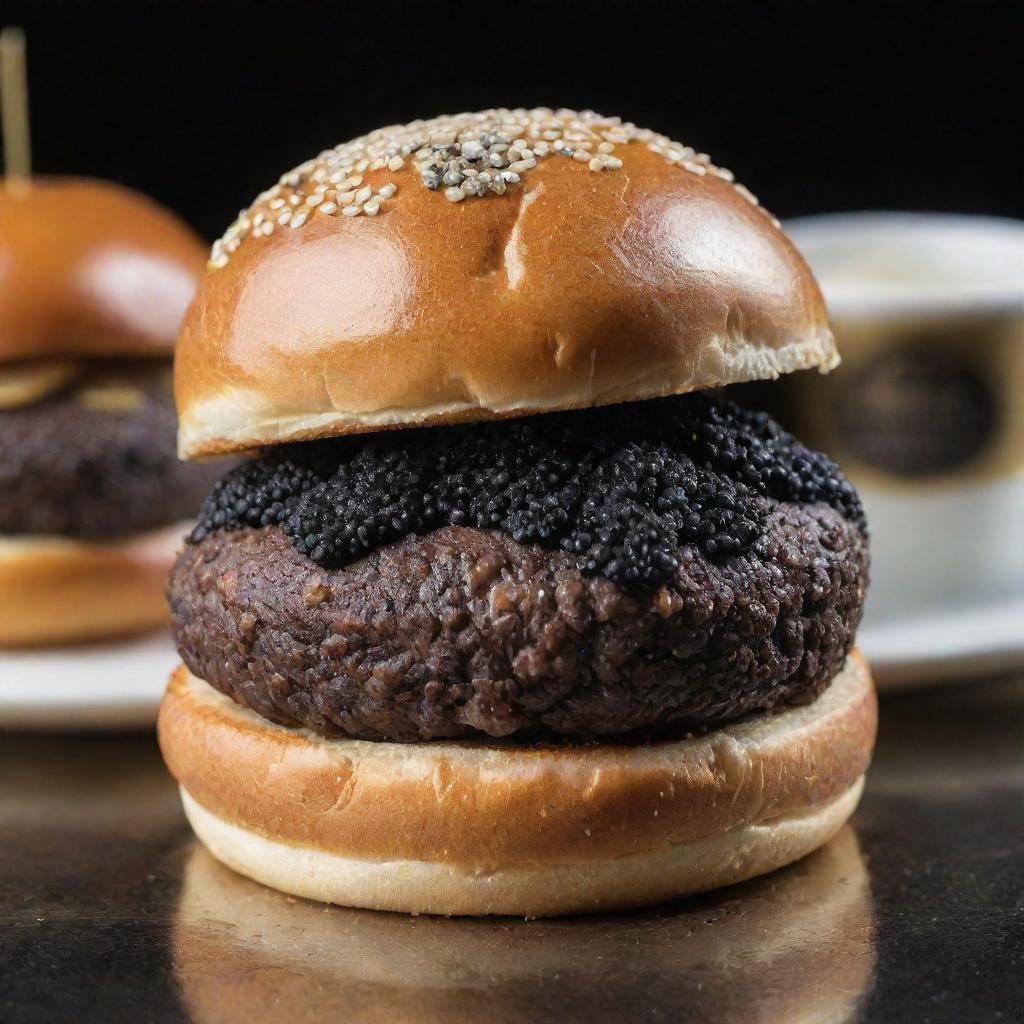 An upscale burger masterpiece. Embellished with luxury ingredients like black truffles, caviar, gold leaf, and resting on a rich brioche bun. It is topped with a gleaming diamond to signify its premium value of 1 million dollars.