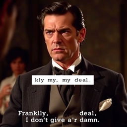 A dramatic scene featuring Rhett Butler from Gone with the Wind, delivering his iconic line, 'Frankly, my dear, I don't give a damn