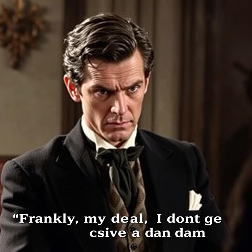 A dramatic scene featuring Rhett Butler from Gone with the Wind, delivering his iconic line, 'Frankly, my dear, I don't give a damn