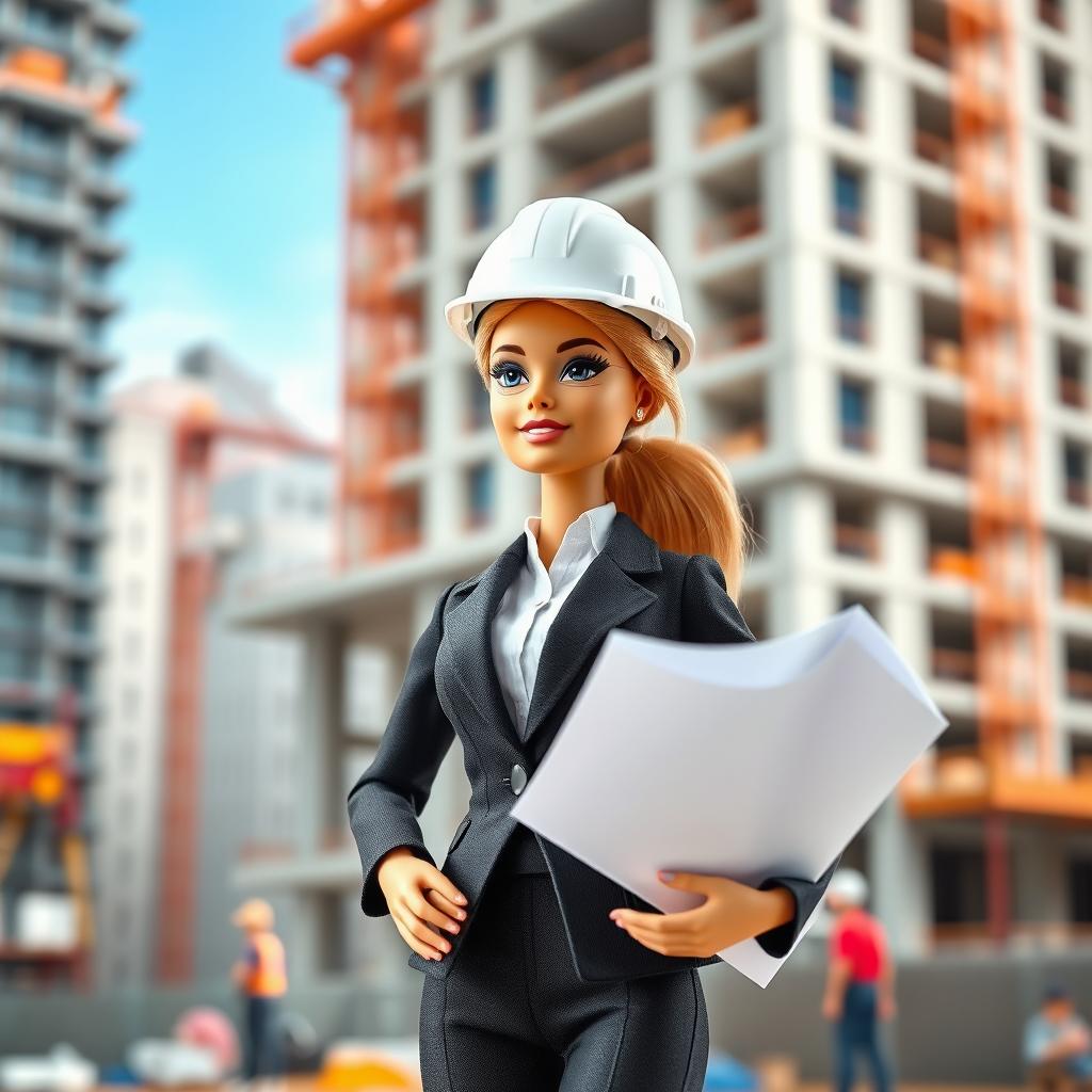 A Barbie doll dressed in a professional suit with an architect's helmet