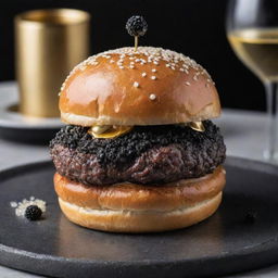 An upscale burger masterpiece. Embellished with luxury ingredients like black truffles, caviar, gold leaf, and resting on a rich brioche bun. It is topped with a gleaming diamond to signify its premium value of 1 million dollars.