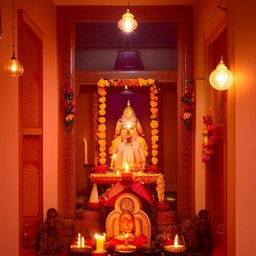 A serene and tranquil Pooja room adorned with religious icons, incense, and soft lighting