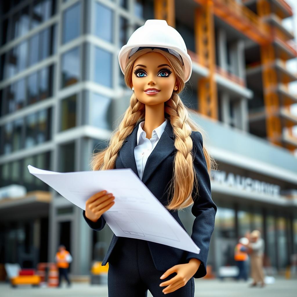 A Barbie doll dressed in a professional suit with an architect's helmet