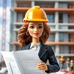 A Barbie doll dressed in a professional suit with an architect's helmet