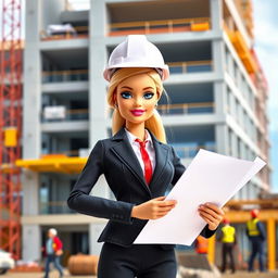 A Barbie doll dressed in a professional suit with an architect's helmet