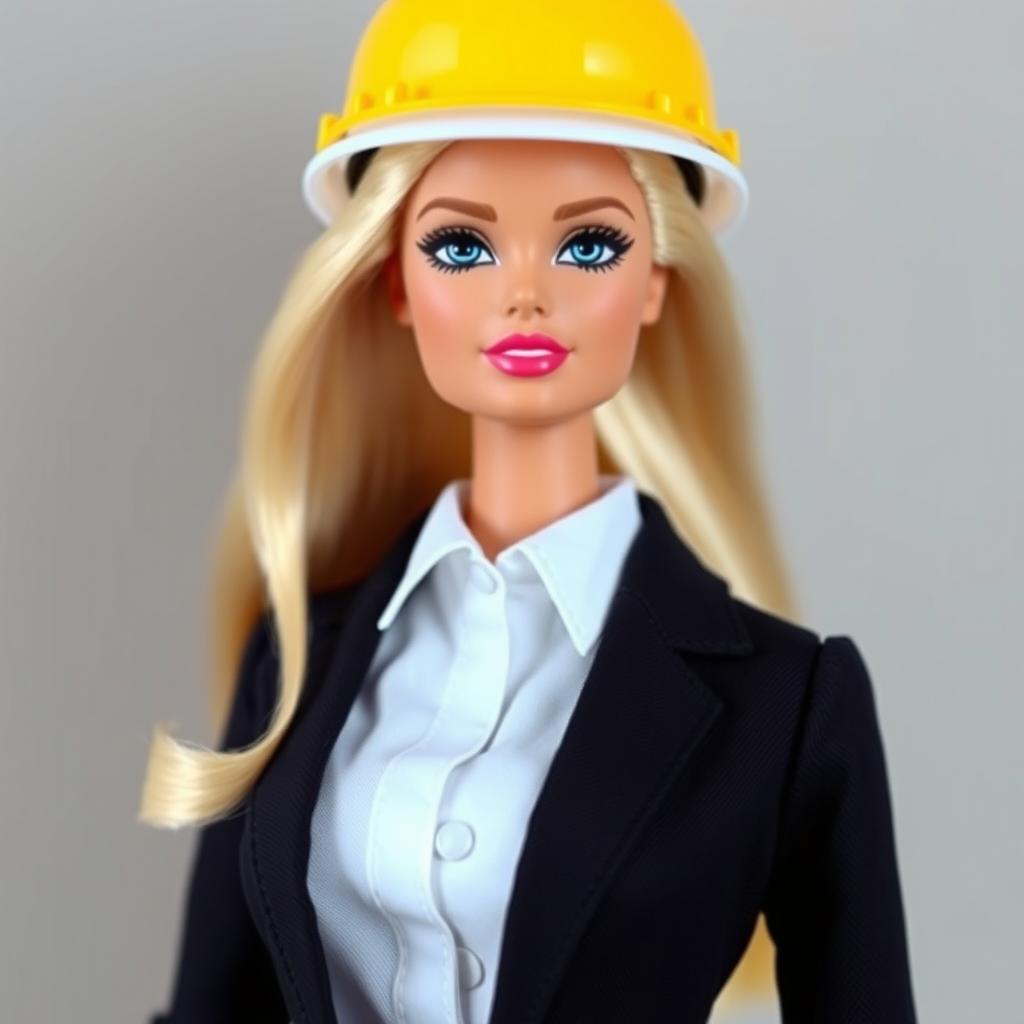 A blonde Barbie doll dressed in a suit with an architect's helmet, shown from the torso up