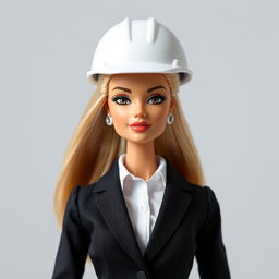 A blonde Barbie doll dressed in a suit with an architect's helmet, shown from the torso up