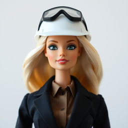 A blonde Barbie doll dressed in a suit with an architect's helmet, shown from the torso up