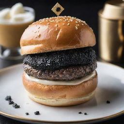 An upscale burger masterpiece. Embellished with luxury ingredients like black truffles, caviar, gold leaf, and resting on a rich brioche bun. It is topped with a gleaming diamond to signify its premium value of 1 million dollars.