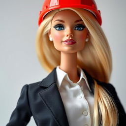 A blonde Barbie doll dressed in a suit with an architect's helmet, shown from the torso up