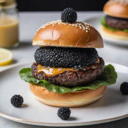 An upscale burger masterpiece. Embellished with luxury ingredients like black truffles, caviar, gold leaf, and resting on a rich brioche bun. It is topped with a gleaming diamond to signify its premium value of 1 million dollars.