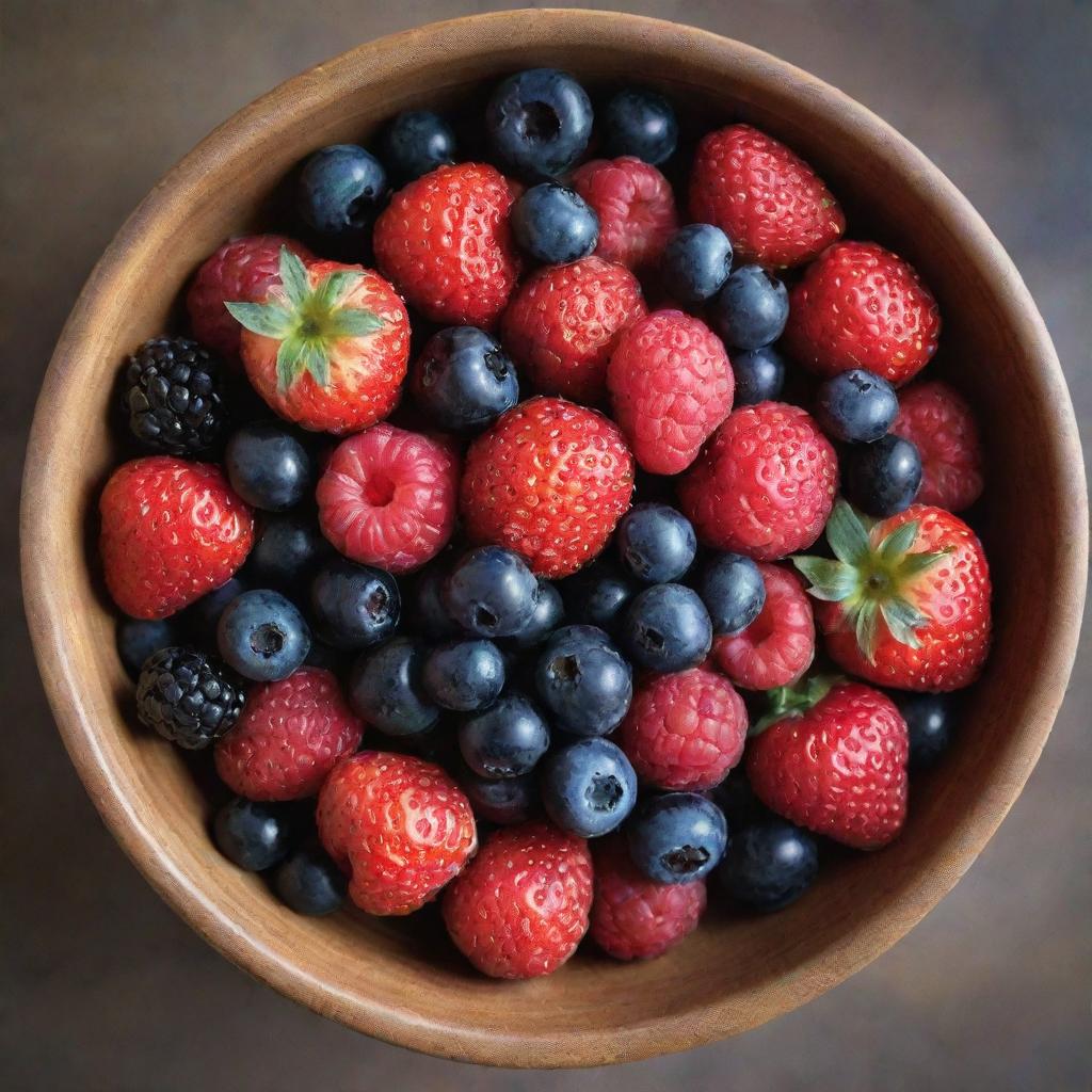 A vibrant mix of fresh berries including strawberries, blueberries, raspberries, and blackberries, displayed in a rustic bowl, illuminated in soft natural light.