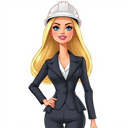 A cartoon-style blonde Barbie doll dressed in a suit with an architect's helmet, shown from the torso up