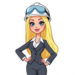 A cartoon-style blonde Barbie doll dressed in a suit with an architect's helmet, shown from the torso up