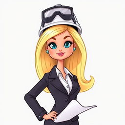 A cartoon-style blonde Barbie doll dressed in a suit with an architect's helmet, shown from the torso up