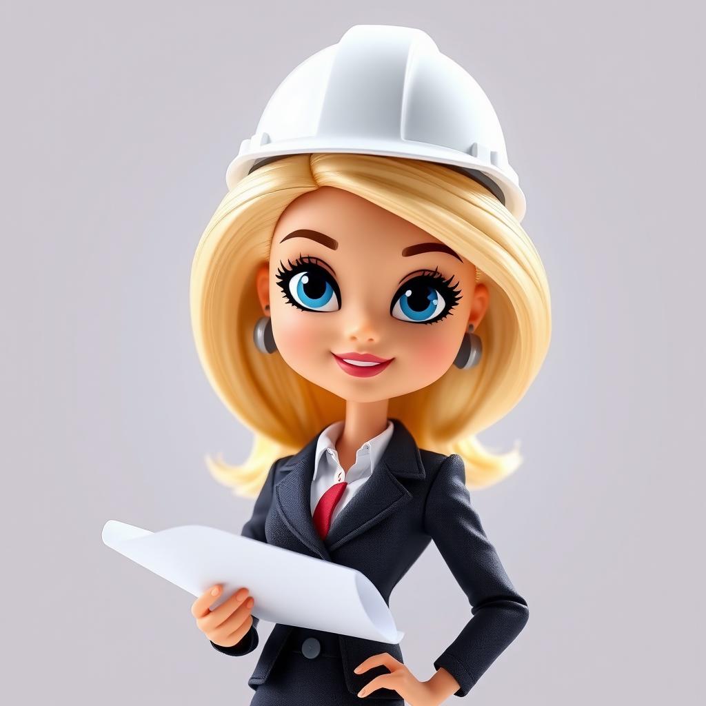 A cartoon-style blonde Barbie doll dressed in a suit with an architect's helmet, shown from the torso up