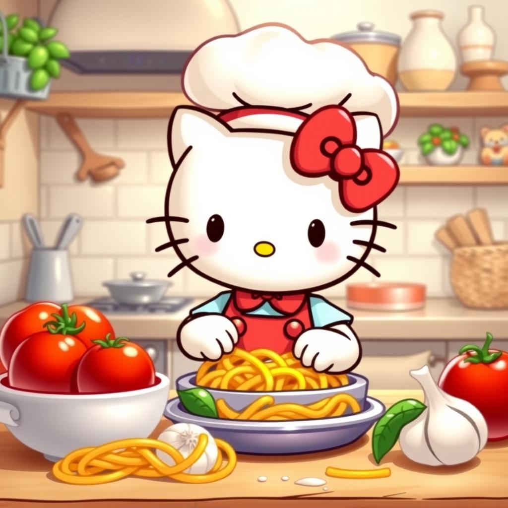 A cute and cheerful Hello Kitty character is in a cozy kitchen making pasta