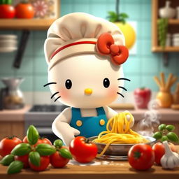 A cute and cheerful Hello Kitty character is in a cozy kitchen making pasta