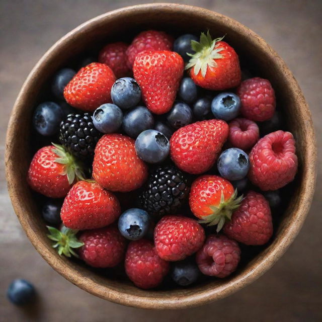 A vibrant mix of fresh berries including strawberries, blueberries, raspberries, and blackberries, displayed in a rustic bowl, illuminated in soft natural light.