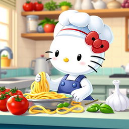 A cute and cheerful Hello Kitty character is in a cozy kitchen making pasta