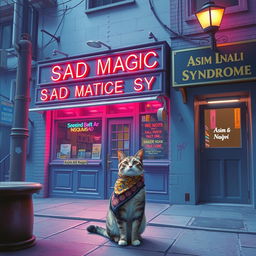 A surreal scene featuring a gay bar named 'Sad Magic Syndrome' with a nearby store displaying the words 'Asim Ali Naqvi'