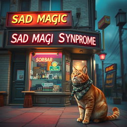 A surreal scene featuring a gay bar named 'Sad Magic Syndrome' with a nearby store displaying the words 'Asim Ali Naqvi'