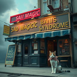 A surreal scene featuring a gay bar named 'Sad Magic Syndrome' with a nearby store displaying the words 'Asim Ali Naqvi'