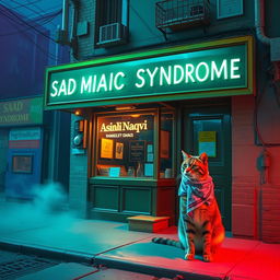 A surreal scene featuring a gay bar named 'Sad Magic Syndrome' with a nearby store displaying the words 'Asim Ali Naqvi'