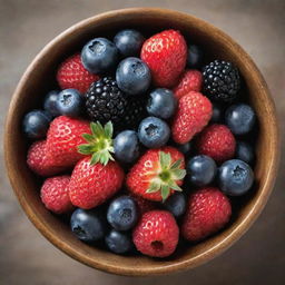 A vibrant mix of fresh berries including strawberries, blueberries, raspberries, and blackberries, displayed in a rustic bowl, illuminated in soft natural light.