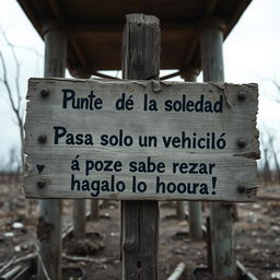 A weathered and decayed wooden sign in an apocalyptic zombie or end-of-the-world style