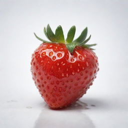 A ripe and juicy strawberry with a glossy red surface, splashed with small drops of water, positioned on a white background.