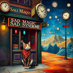 A surreal scene reminiscent of Salvador Dali's style featuring a gay bar named 'Sad Magic Syndrome' with a nearby store displaying the words 'Asim Ali Naqvi'