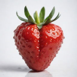 A ripe and juicy strawberry with a glossy red surface, splashed with small drops of water, positioned on a white background.