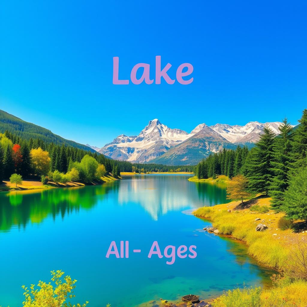 A vibrant and colorful landscape featuring a serene lake surrounded by lush green trees, with mountains in the background and a clear blue sky