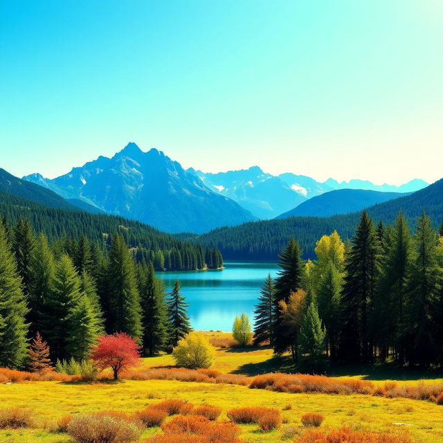 A vibrant and colorful landscape featuring a serene lake surrounded by lush green trees, with mountains in the background and a clear blue sky