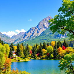 A vibrant and colorful landscape featuring a serene lake surrounded by lush green trees, with mountains in the background and a clear blue sky