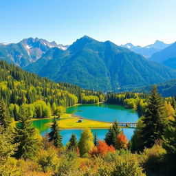 A vibrant and colorful landscape featuring a serene lake surrounded by lush green trees, with mountains in the background and a clear blue sky