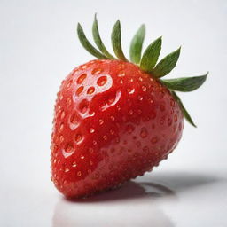 A ripe and juicy strawberry with a glossy red surface, splashed with small drops of water, positioned on a white background.