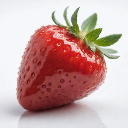 A ripe and juicy strawberry with a glossy red surface, splashed with small drops of water, positioned on a white background.