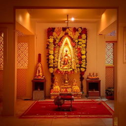 A serene and tranquil Pooja room adorned with religious icons, incense, and soft lighting